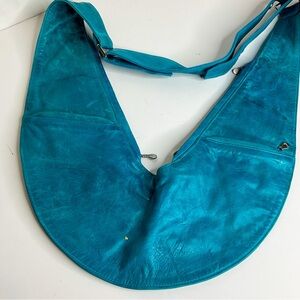 Sash Bag Crossbody Teal Blue Distressed Leather 10-Pocket Travel Bag